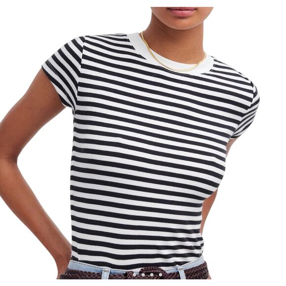 Madewell Women's Supima Ribbed Black White Striped Shrunken Tee XXS New - Picture 1 of 9